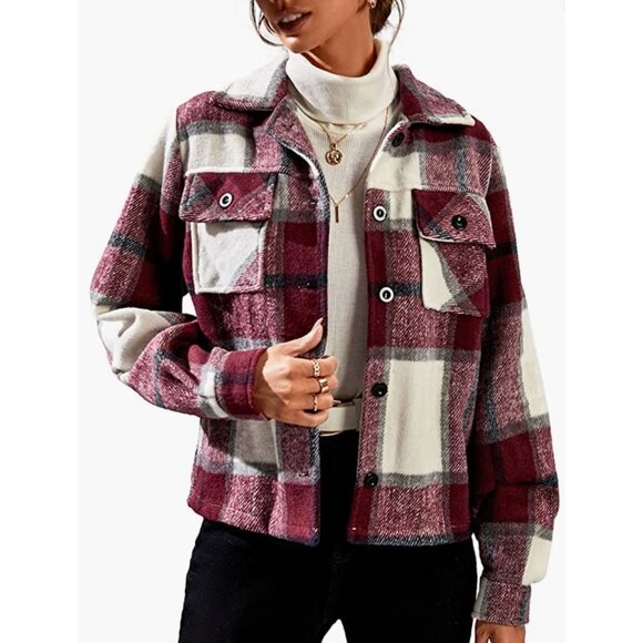 Red Plaid Print Button‎ Down Cropped Flannel Cropped Bomber Jacket Shacket - Picture 4 of 5